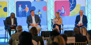 Dave Smith, Stanley Black & Decker; Shawn Coyne, General Dynamics Electric Boat, Jason Howey, OKAY Industries, and Brittany Isherwood, Burke Aerospace speaking at the Connecticut Workforce Summit