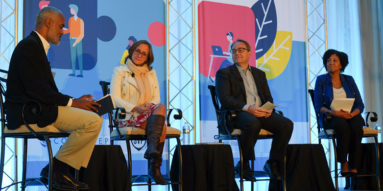 Michael Van Leesten, Social Venture Partners Connecticut; Ryan Oakes, Accenture, Tara Spain, Travelers, and Melanie Tucker, Hartford HealthCare speaking at the Connecticut Workforce Summit