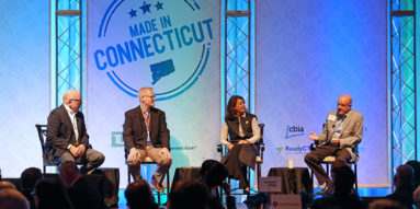 Robert Hersh, Grant Thornton, Dan Hobbs, Belimo Americas, Capri Brighenti, Miller Foods, and Chris Ulbrich, Ulbrich Stainless Steels & Special Metals speaking at Made in Connecticut
