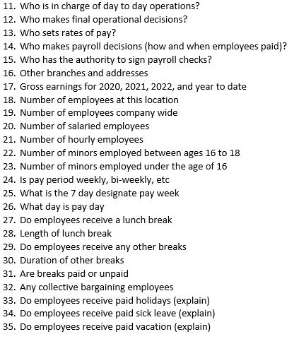 DOL audit list of questions