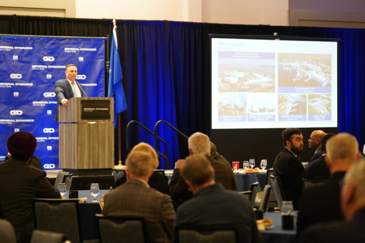 President Mark Rayha speaks to state and local leaders about Electric Boat's future.